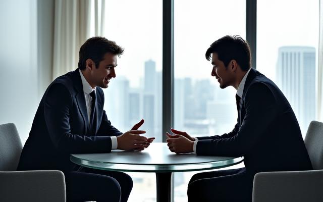 欧州と日本企業のビジネスパーソンが円卓を囲んで話し合う様子