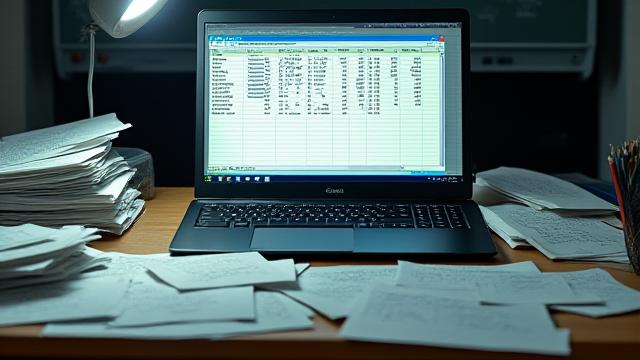 散らかった複数のExcelファイルと手書きメモがある雑然としたデスク