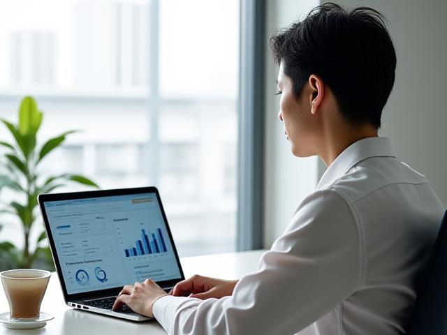 中小企業でノートパソコン上のクリーンなデータダッシュボードを見ているビジネスパーソン